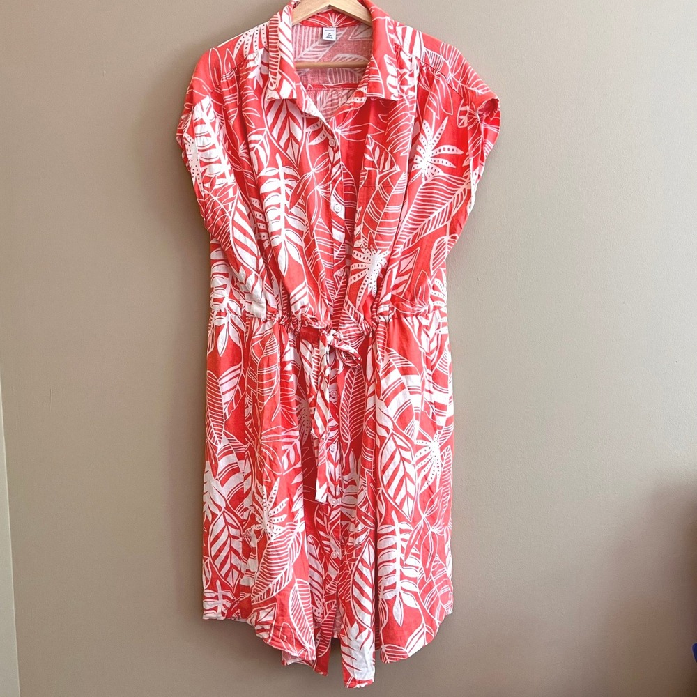 Old Navy Coral Tropical Leaf Linen Blend Button Front Shirt Dress Plus Size 2X - Picture 2 of 10